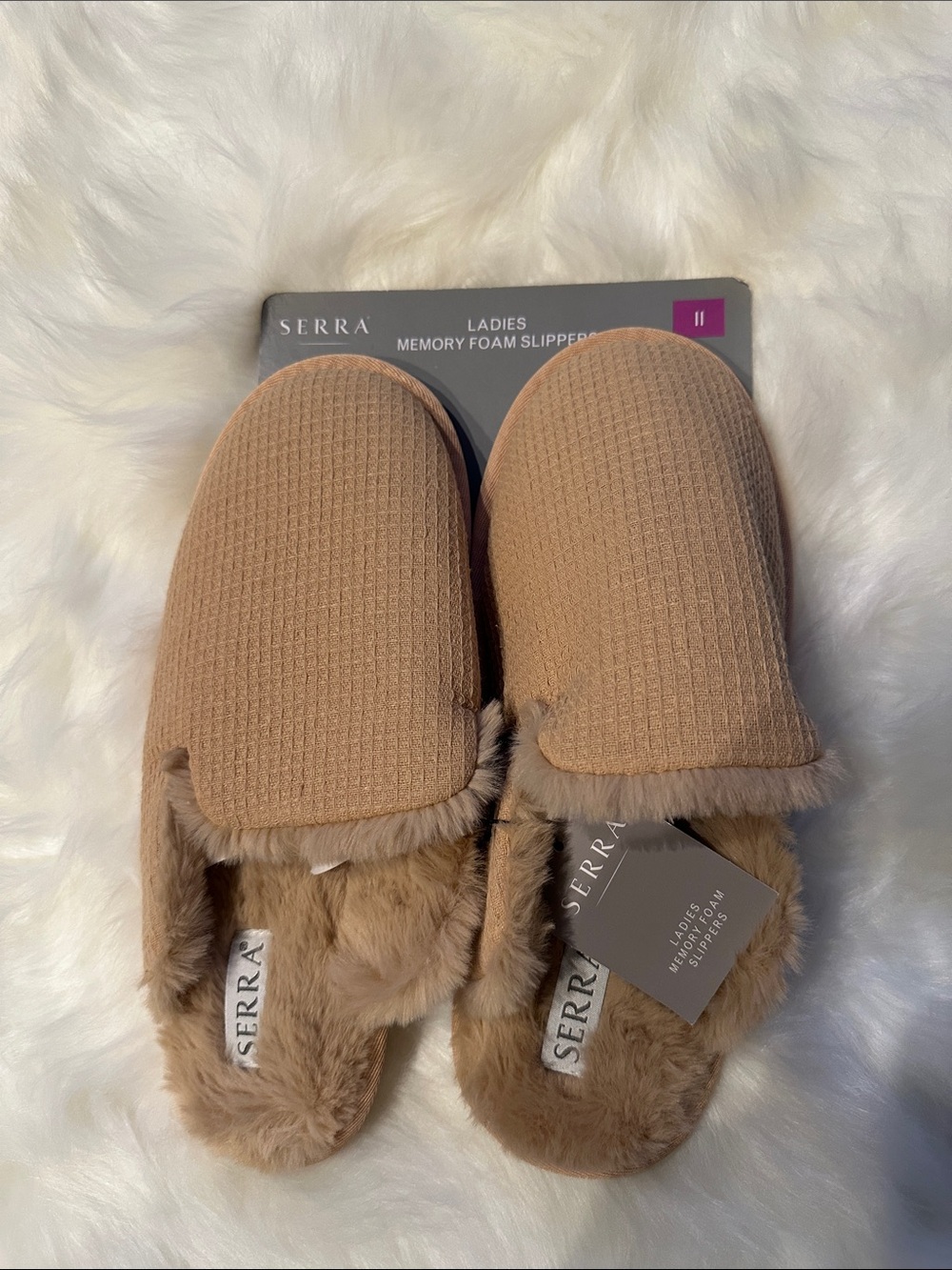 Serra Waffle-Knit Faux-Fur Slip-On Slippers in Camel